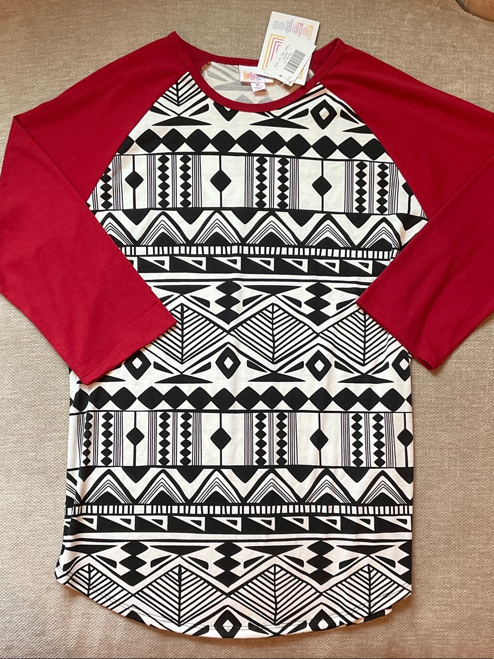Red Raglan 3/4 Sleeve Top with Black & White Geometric Print